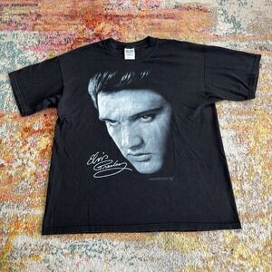 Vintage 1999 Elvis Presley Graphic T-Shirt Mens XL Black Portrait Signature